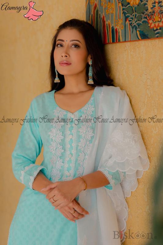 Women's Sky Blue Kurti with Pant & White Shawl Set | Aamayra Fashion kurti, pant, shawl, women's clothing, fashion, aamayra fashion house, sky blue, biskoon, style, ethnic wear